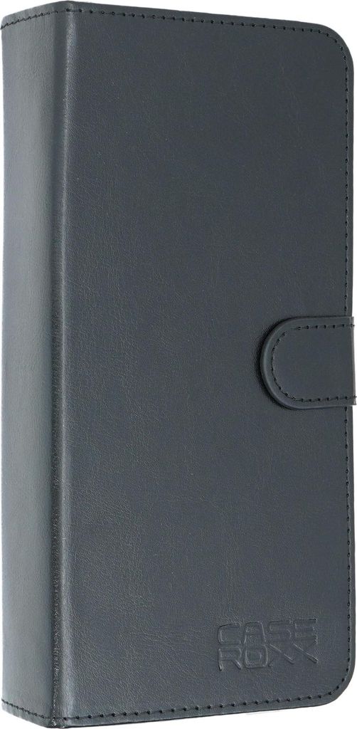 A closed dark gray book-style phone case with a snap closure.