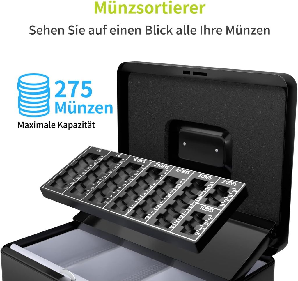 2 x Geldkassette mit Münzeinsatz und Tragegriff schwarz 25x18x9cm, 29,99 €