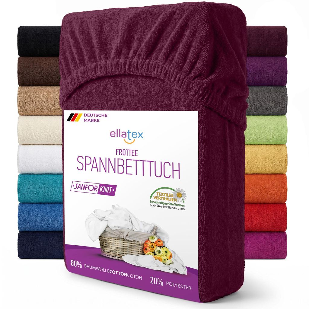 EllaTex Frottee Spannbettlaken 90x200 – 100x200 Baumwolle – weich, warm & elastisch, Spannbetttuch mit Rundumgummi, in Farbe: Burgund
