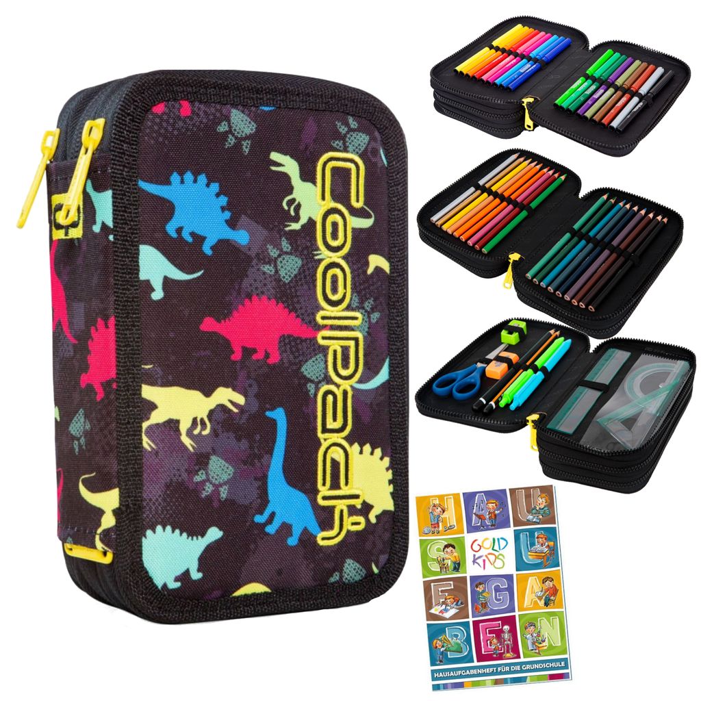 Goldkids - Federmäppchen 3 Fächer - Mäppchen für Mädchen und Jungen - Federmappe 3-Fach Federtasche Gefüllte Schüleretui und Hausaufgabenheft