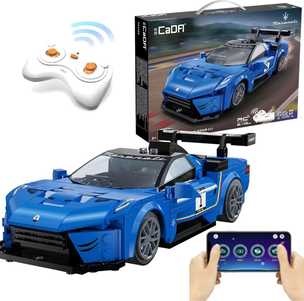 A blue remote-controlled toy car, its remote control, and the product packaging are displayed against a white background.