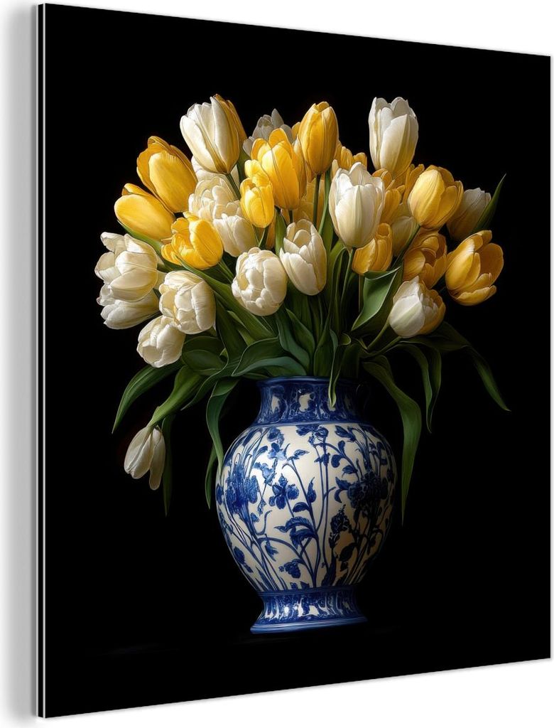 MuchoWow Wanddekoration Metall Metallbild Wandkunst 50x50 cm Gelb - Tulpen - Vase - Blumen MuchoWow Aluminium Gemälde - Alubild - Industrial