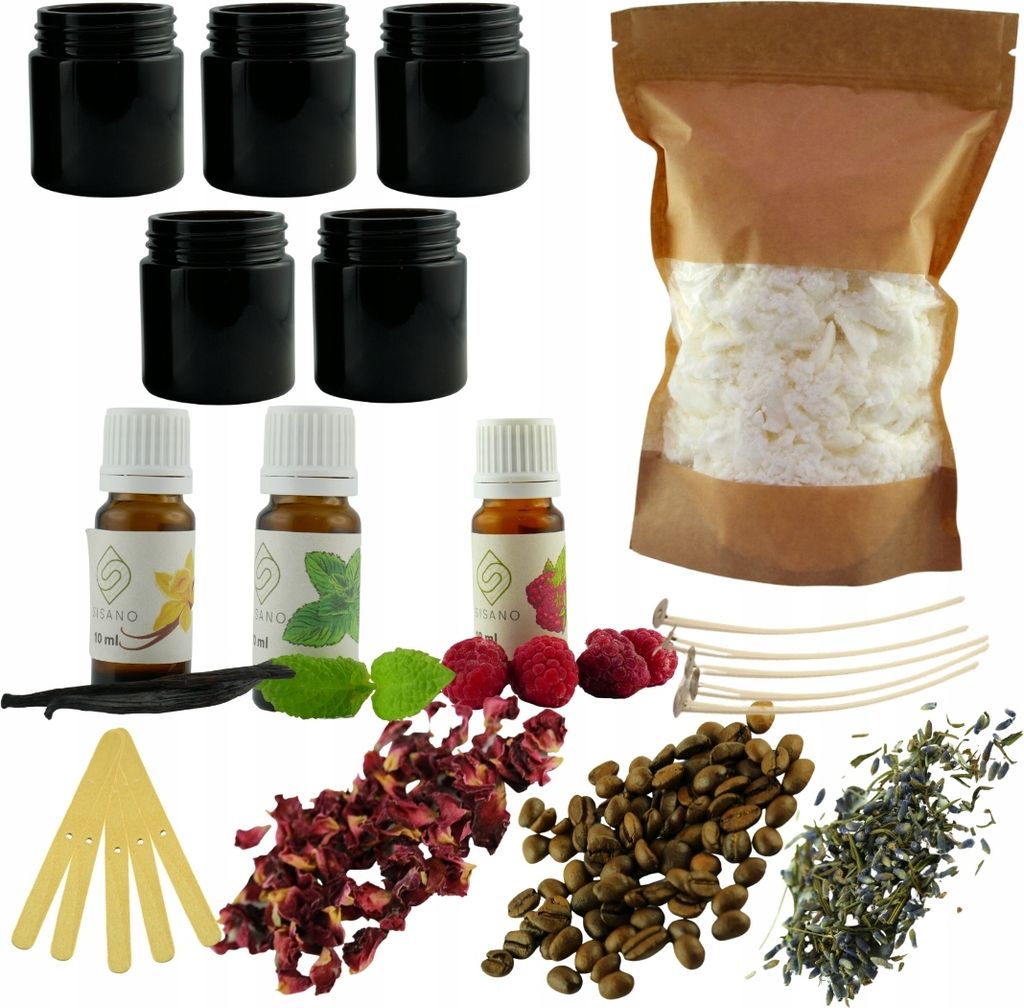 Sisano - Kerzen Selber Machen Set DIY - Kerzenwachs 550g mit 5x Gläser, 3x Duftöl - 10x Kerzendochte mit 5x Dochthalter und 5x Klammer - mit Schmelztopf - Zubehör für Deko - Kerzen Gießen Set