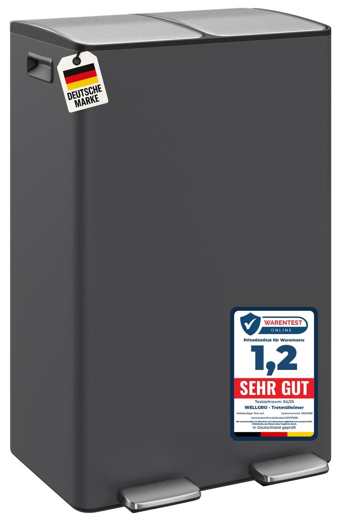 WELLGRO Treteimer 2x30L Grau – Edelstahl mit Softclose & Produktbild 