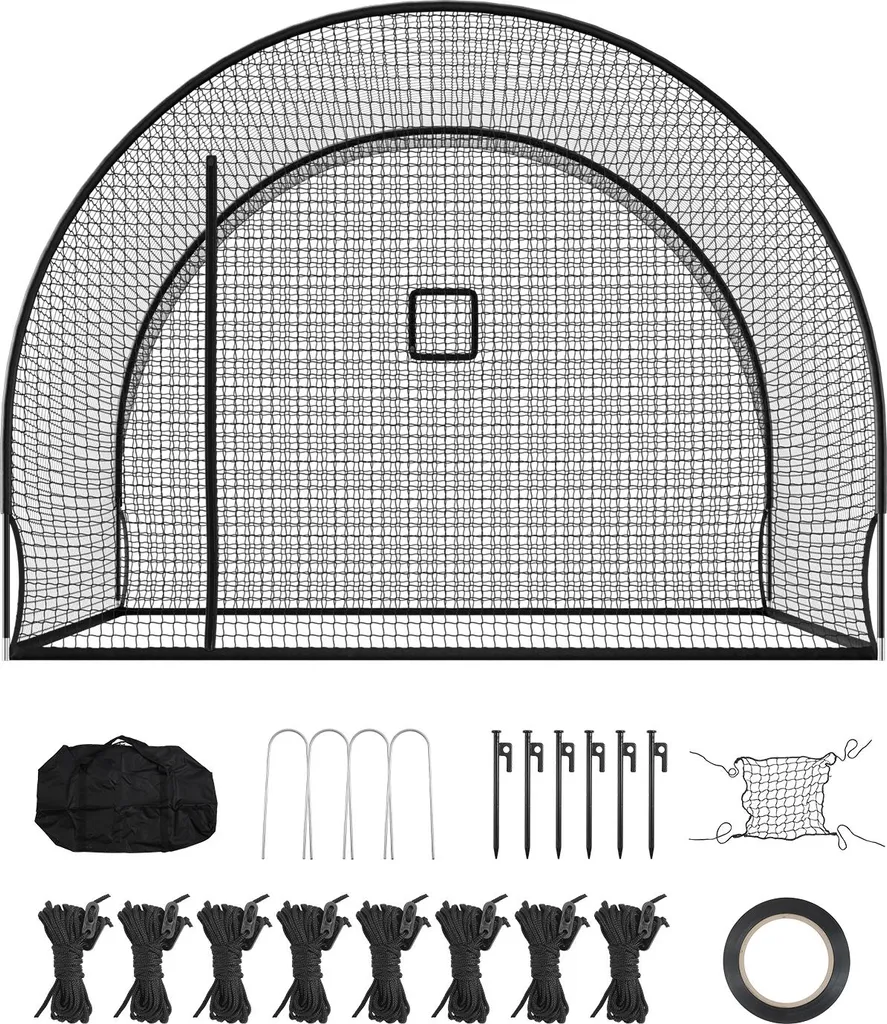 SucceBuy Gabbia da baseball (semicircolare) Rete 366x310x233 cm, rete da allenamento mobile con tessuto in poliestere resistente e senza nodi e apertura per macchine lanciapalle, inclusa rete da allenamento per softball - 1