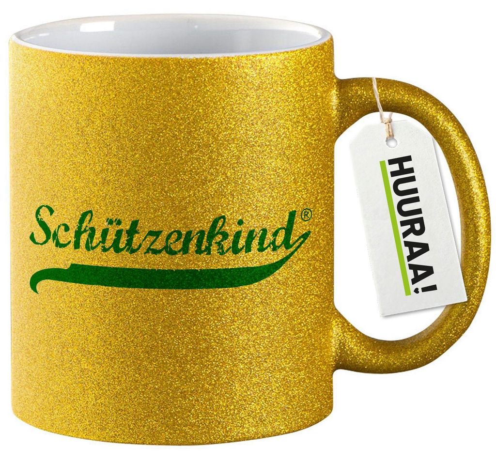 Huuraa Glitzertasse Schützenkind Vintage 330ml Gold Keramik Kaffeebecher Geschenkidee
