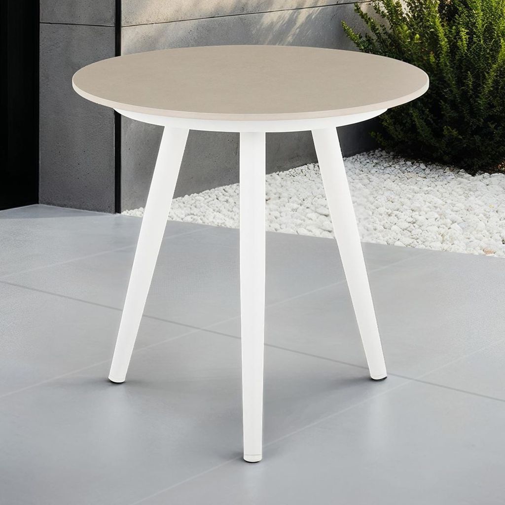 Beistelltisch ROSALIA, Weiß/Beige - kleiner Tisch mit runder Keramik- Platte und Gestell aus Aluminium, robust & wetterfest, In & Outdoor