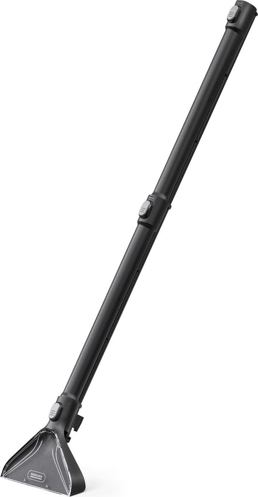 A black and clear vacuum cleaner attachment with a long handle against a white background.