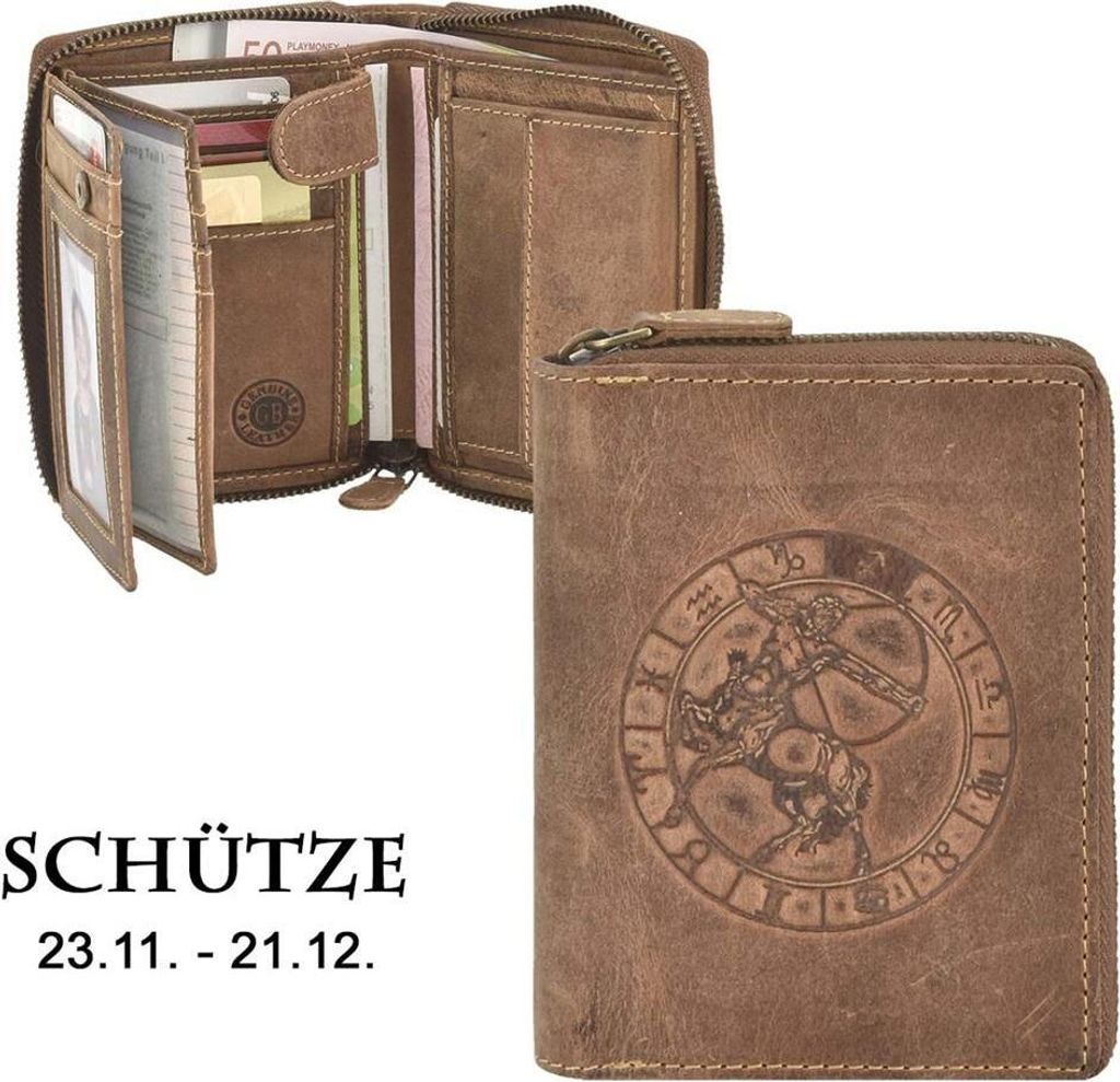 Greenburry Geldbörse Herren Leder braun antik Vintage mit Sternzeichen Prägung Portemonnaie mit Reißverschluss 821A-SCHÜTZE