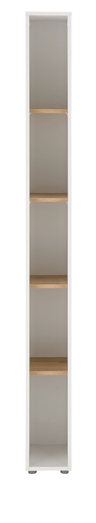A tall, narrow bookshelf with five shelves, presented against a white background.