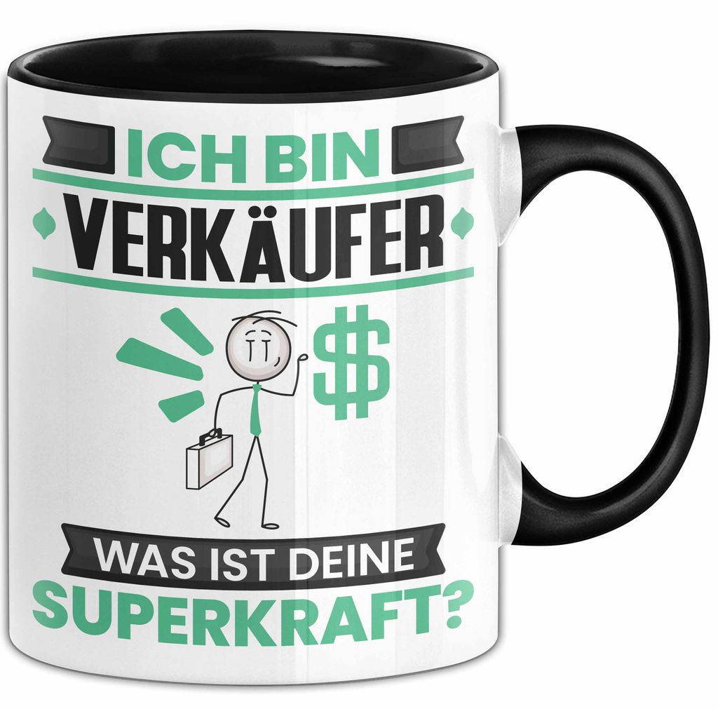 Verkäufer Tasse Geschenk für Verkäufer Geburtstag Lustiger Spruch Kaffee-Becher Was Ist Deine Superkraft (Schwarz)