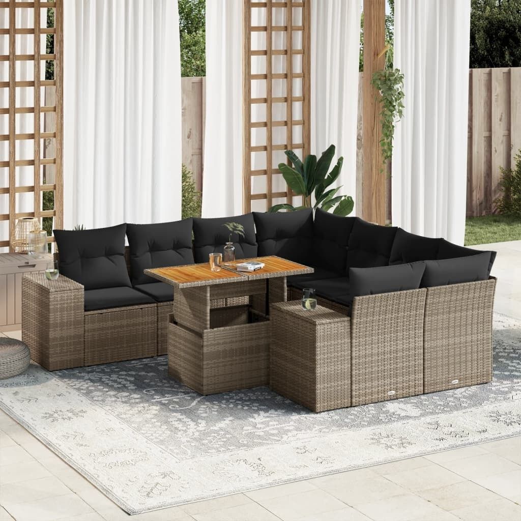 "Rabatt" 9-tlg. Garten-Sofagarnitur - mit sofa - mit Kissen Grau Poly Rattan - Lounge-Dining set CC12119
