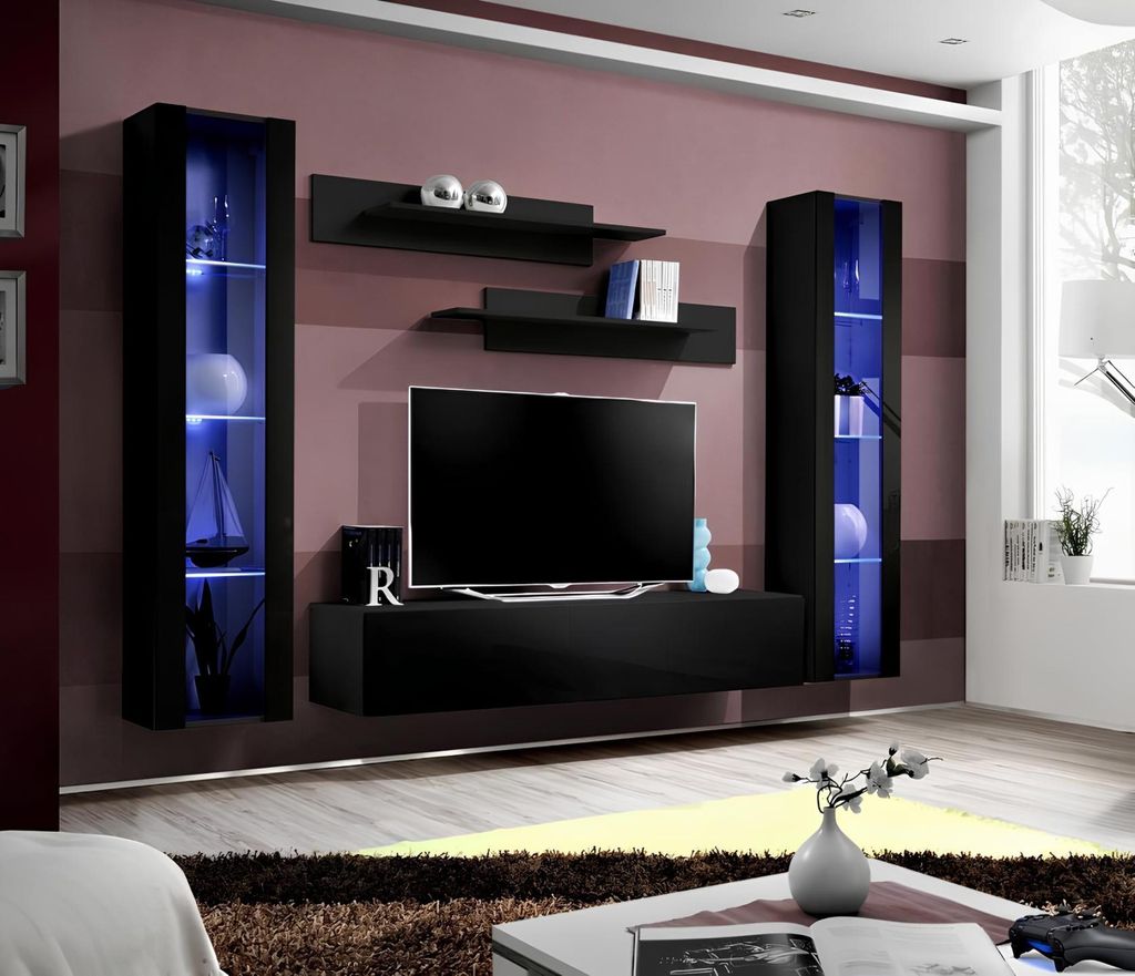 Wohnzimmer Wohnwand Lowboard Holz Wand Regale Design Schwarz Modern Set 5tlg