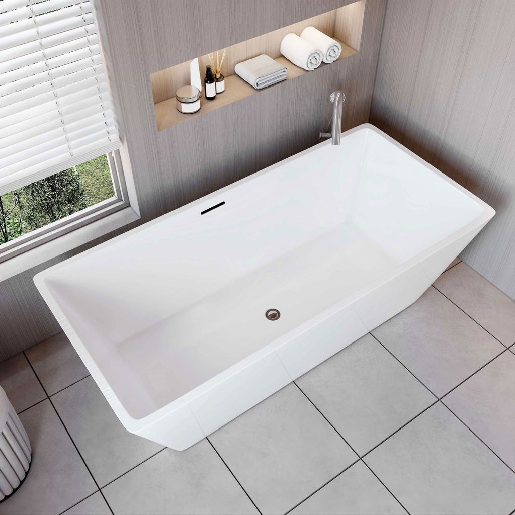 A modern bathroom with a freestanding bathtub.