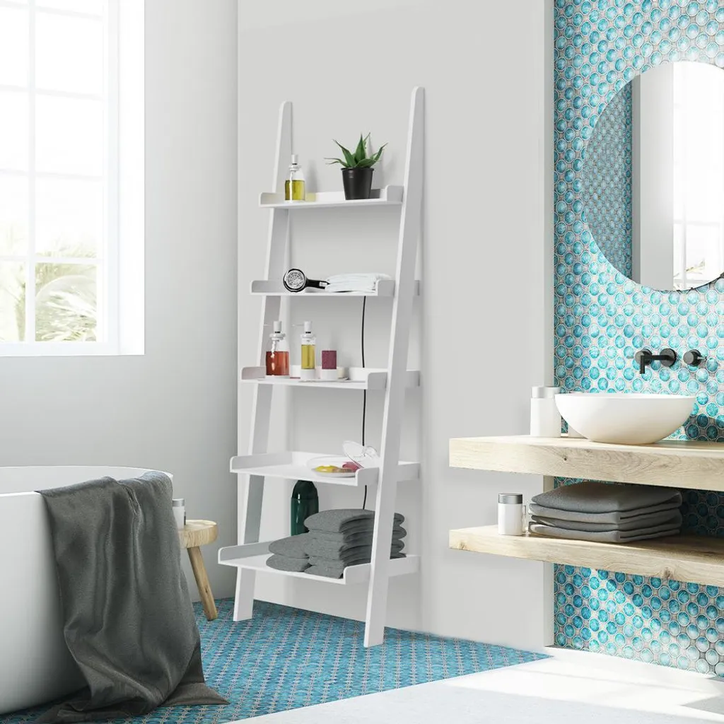 Étagère Échelle 180 cm Blanche 5 Tablettes pour Organiser un Petit Espace
