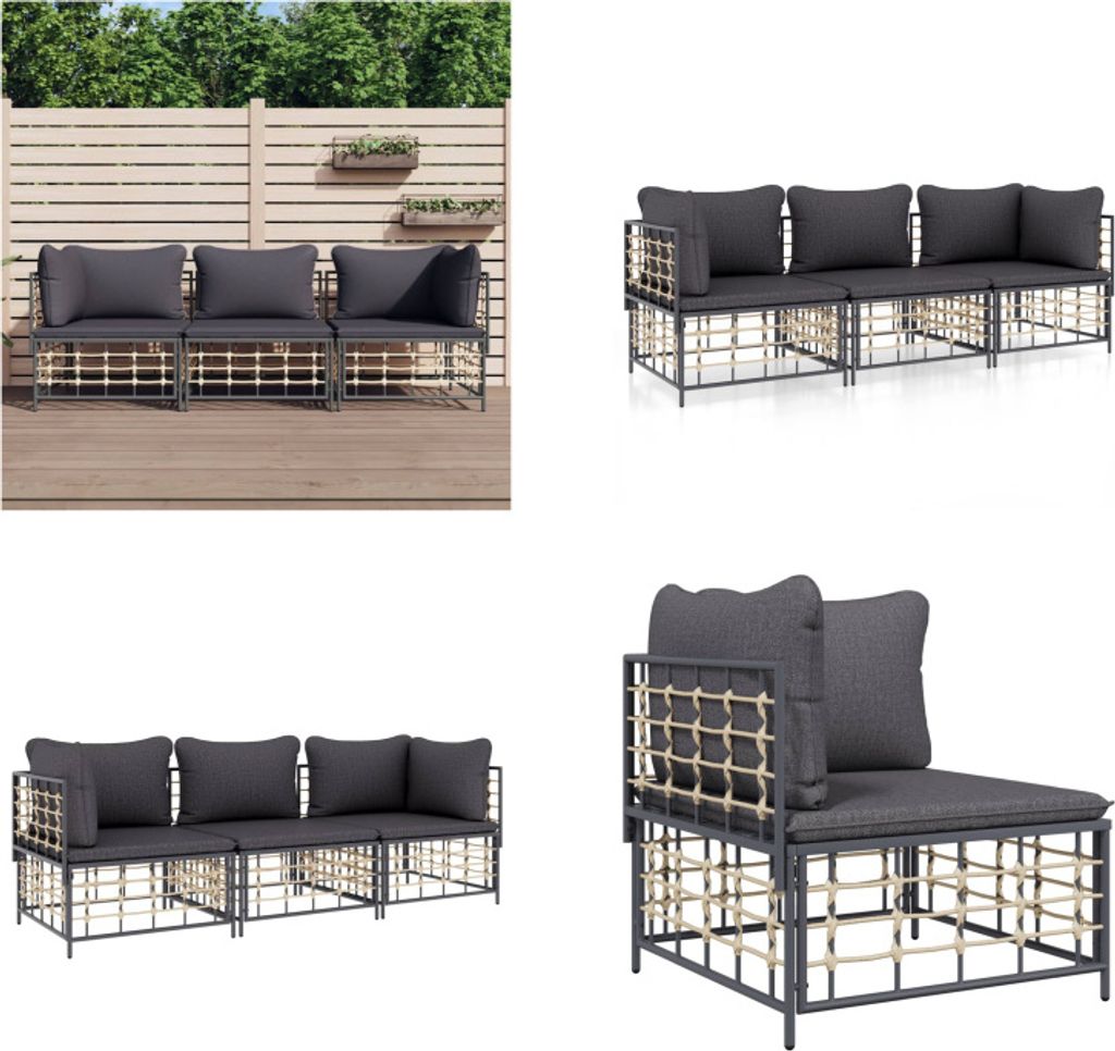 vidaXL 3 tlg. Garten Lounge Set mit Kissen Anthrazit Poly Rattan - Garten Lounge Set - Garten Lounge Sets - Lounge Set - Gartenmöbel