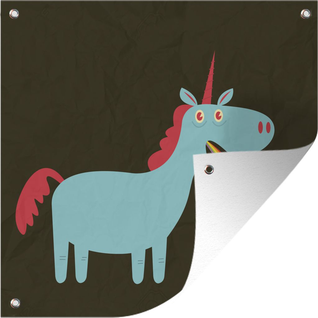 MuchoWow 100x100 cm Outdoor-Poster Gartendeko Sichtschutz Garten Poster für den Garten Eine Illustration eines Einhorns, das sich erbricht - M...