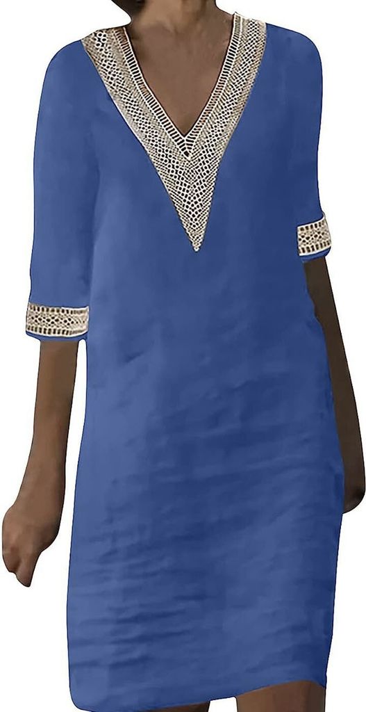 ASKSA Damen Kurzarm Sommerkleid Knielang A-Linie Kleider Casual Strandkleider Freizeitkleid, Blau, XL