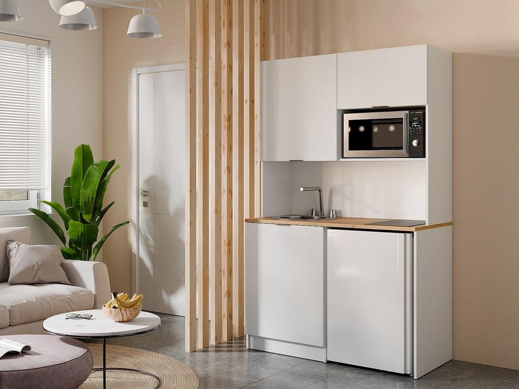 Multifunktionsschrank für Küche und Wäsche - Mit Platte 120 cm - Weiß und natur - CARMEO