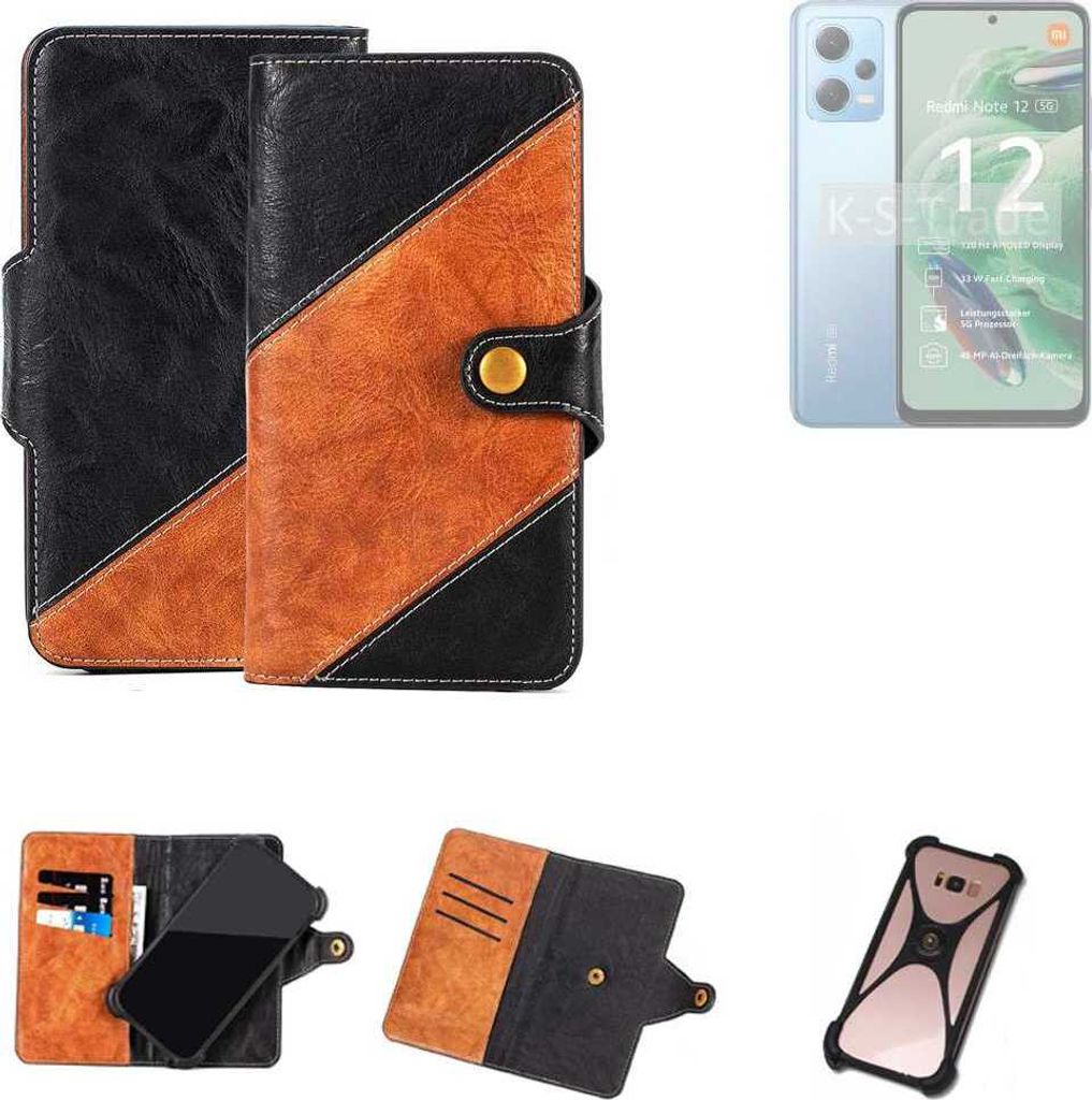 K-S-Trade Handyhülle Schutzhülle Bookstyle Case Wallet-Case kompatibel mit Xiaomi Redmi Note 12 5G Handy Cover Bumper Klapphülle schwarz hellbraun