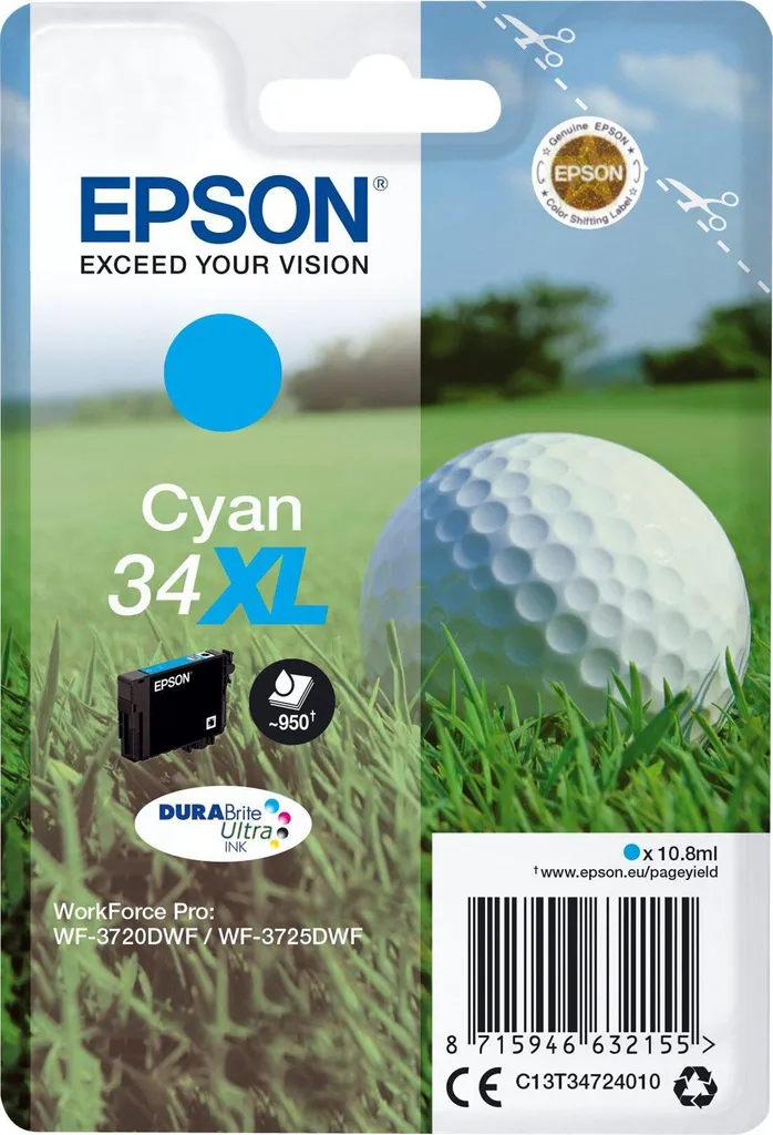 Cartouche de Rechange Epson 34XL Cyan pour Imprimante Jet d'Encre XL