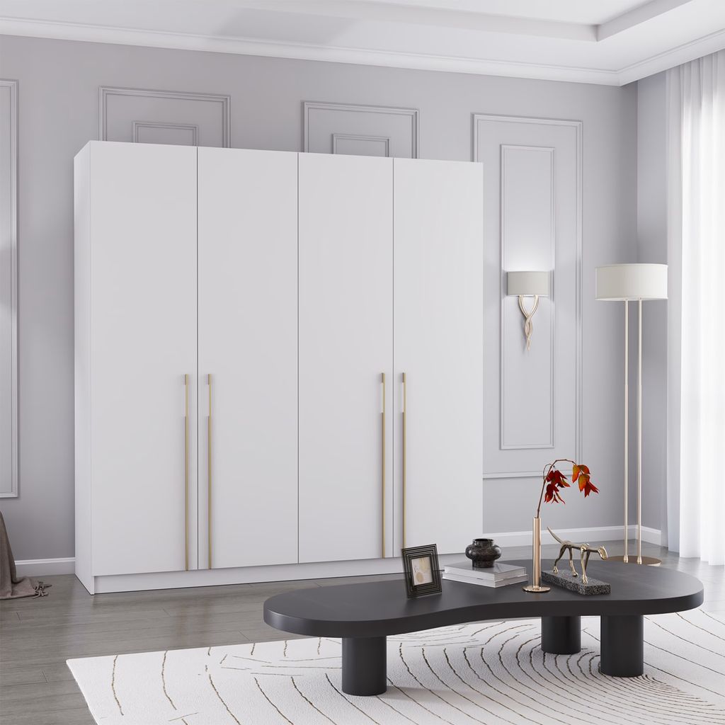 Drehtürenschrank in Weiß/Weiß vier Türig
Breite:	200 cm
Höhe: 210 cm	
Tiefe: 57 cm