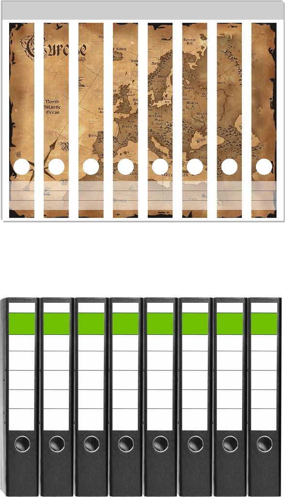 Wallario 8 Stück schmale Ordner inkl. Klebeetiketten mit Motive Alte Weltkarte Karte von Europa in englisch - Set mit Rückenschildern / Ordnerrü...