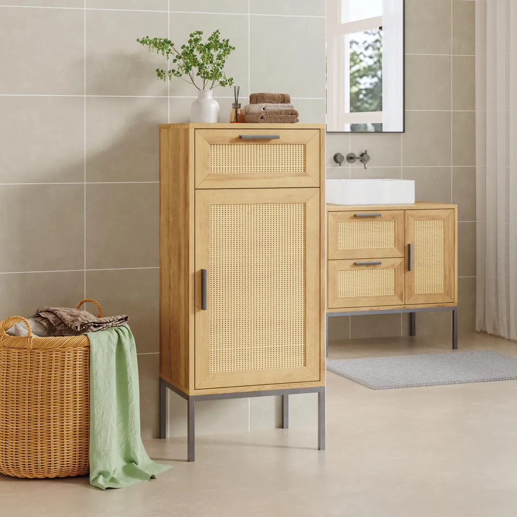 Meuble de rangement salle de bain aspect rotin et bois clair 92x40x30cm