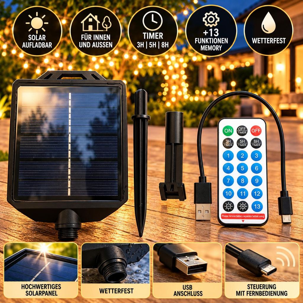 Solarpanel mit Fernbedienung Timer Solar USB aufladbar für Produktbild 
