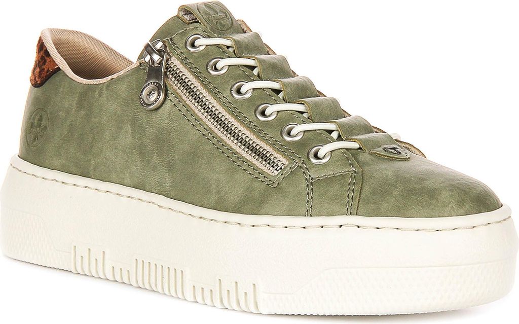 A single green sneaker with a white platform sole is shown against a white background.
