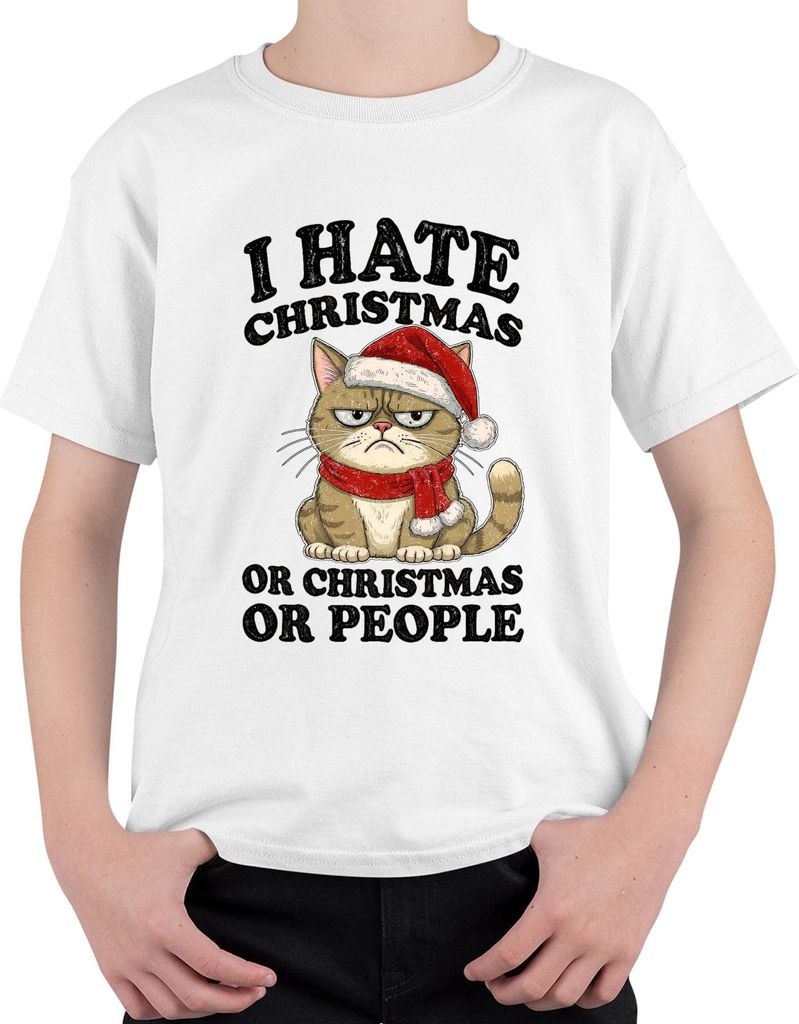I HATE CHRISTMAS OR CHRISTMAS OR PEOPLE lustige katze sarkastisch Uni Kinder T-Shirt, Weiß, 104