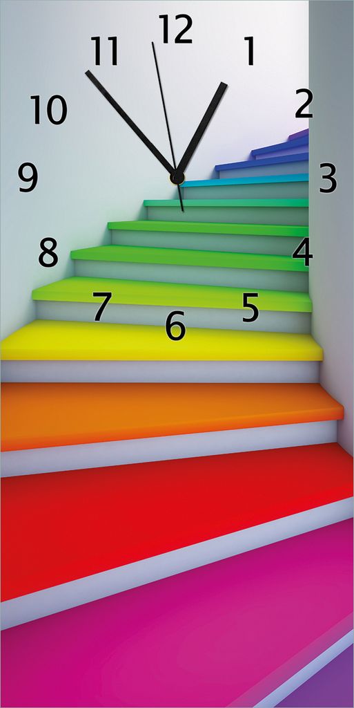 Wallario Design Wanduhr bedruckt, Größe 30 x 60 cm, Motiv: Bunte Treppe