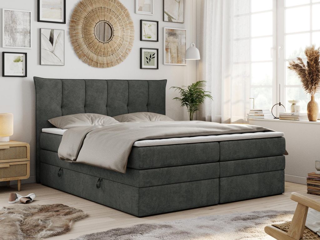 Boxspringbett 7-Zonen Taschenfederkernmatratze und Topper - PREMIUM-10-KING - 120x200cm - Dunkelgrau - H4