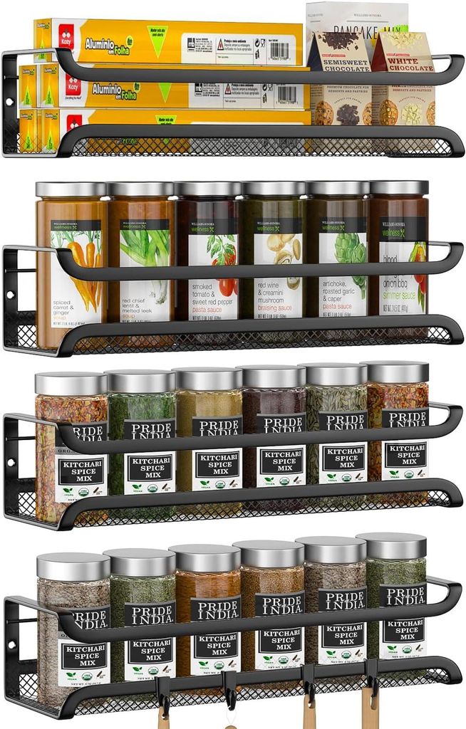 Gewürzregal für die Wand, ohne Bohren, 4 Stück, Gewürzorganizer mit 4 beweglichen Haken, hängendes Gewürzregal mit Kleber und Schrauben, Gew...