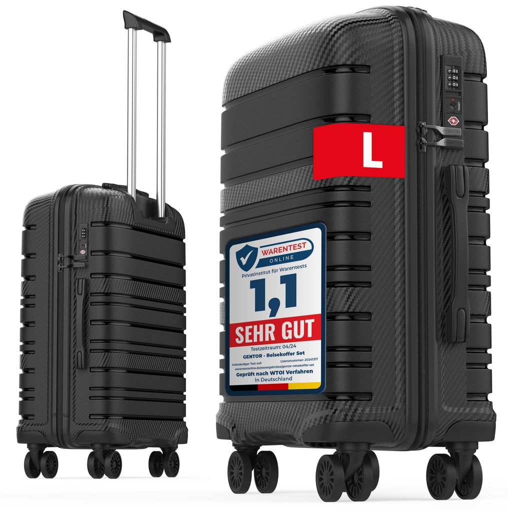 Two black suitcases are displayed against a white background. One is smaller and to the left, the other is larger and to the right. The larger suitcase has labels on it.