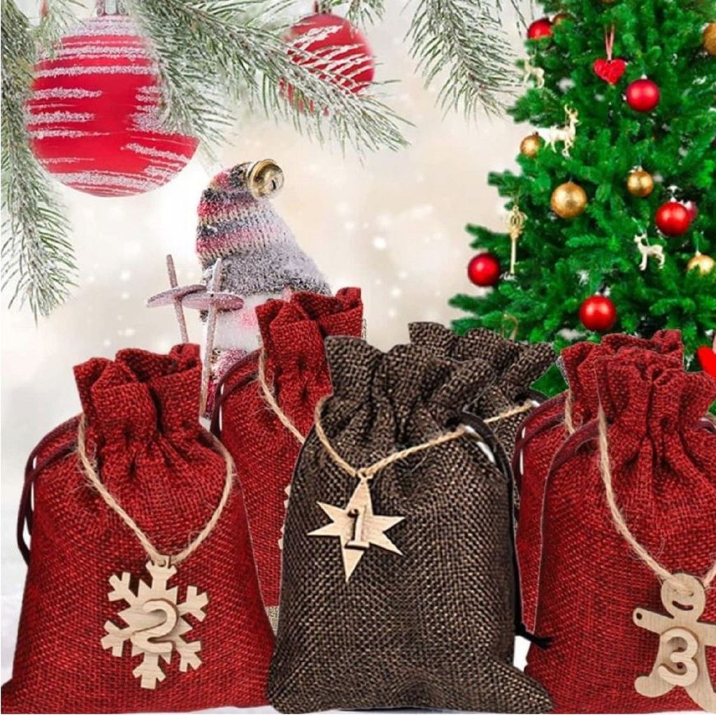 Calendario dell'Avvento, 24 pezzi Sacchetti di 100 % cotone 10 x 13 cm + accessori natalizi