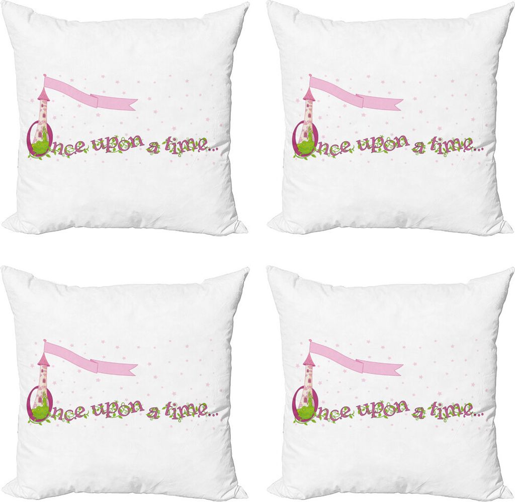 ABAKUHAUS Schloss Kissenbezug Set (4 Stück), Einmal auf einer Zeit OnceOnceOnce, Moderner Doppelseitiger Digitaldruck, 40 cm x 40 cm, Baby-Rosa-Li...