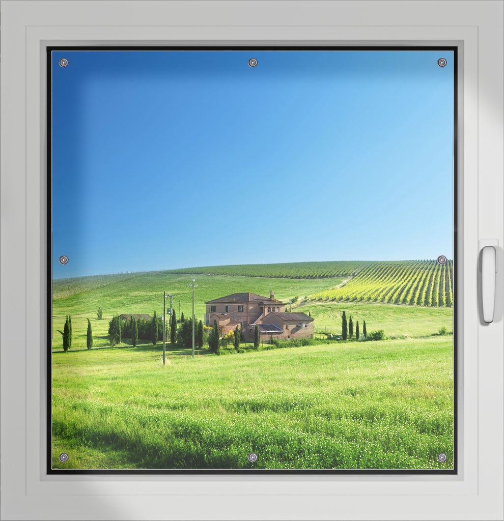 Wallario Lichtschutzbild, Dekorativer Sichtschutz Sonnenschutz 96 x 93 cm mit Motiv: Farm in der Toskana - Verdunklung ohne Bohren