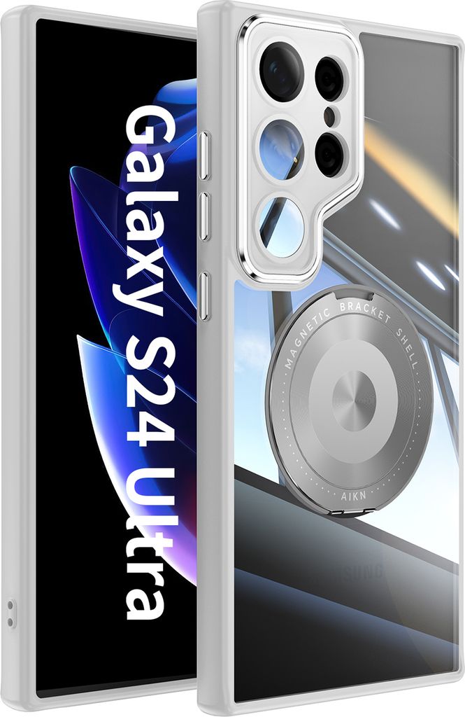 Handyhülle für Samsung Galaxy S24 Ultra Transparent Militärschutz mit Magnetring Ständer und Kameraabdeckung Grau
