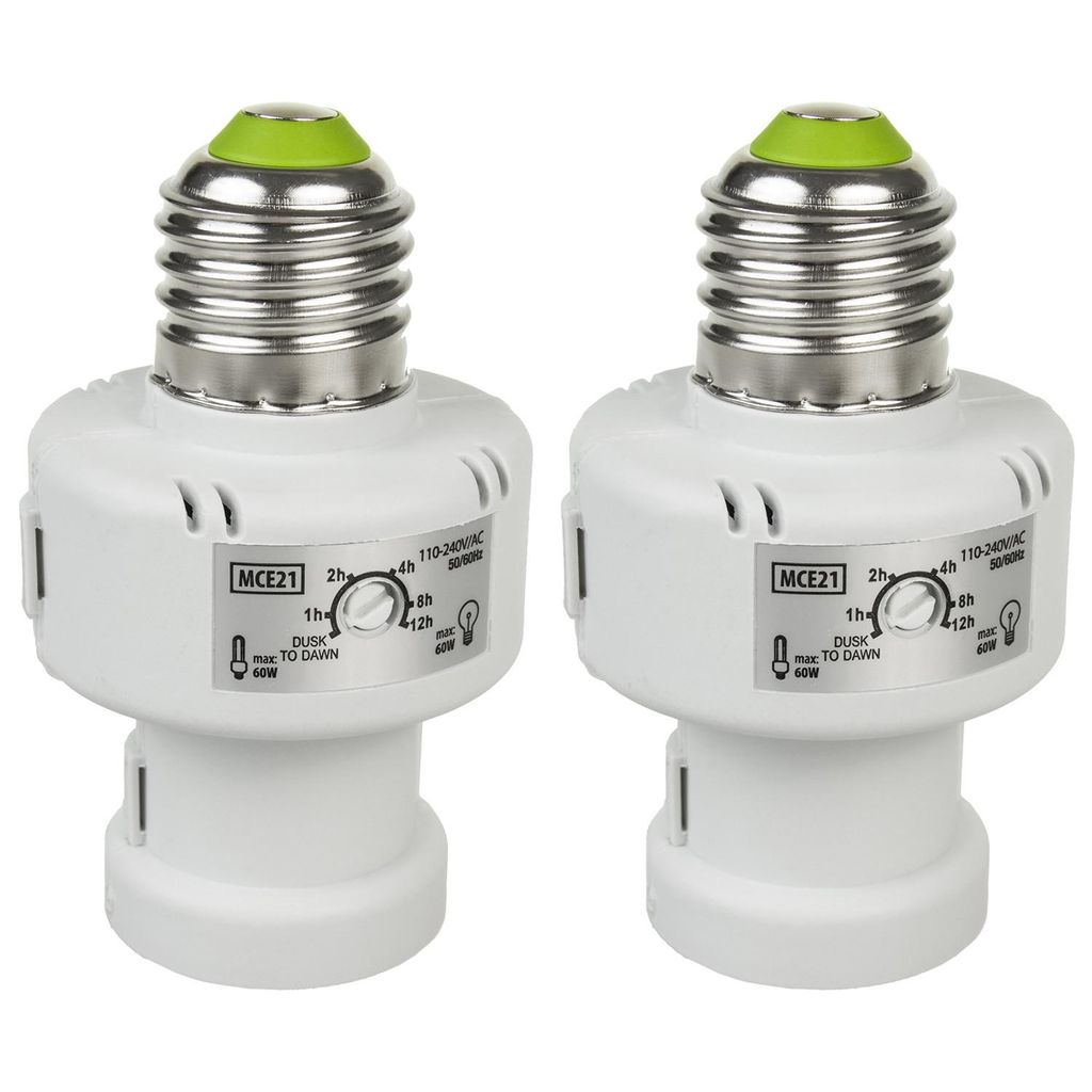 Two white light bulb adapters with silver screw bases and green tops are shown against a white background.