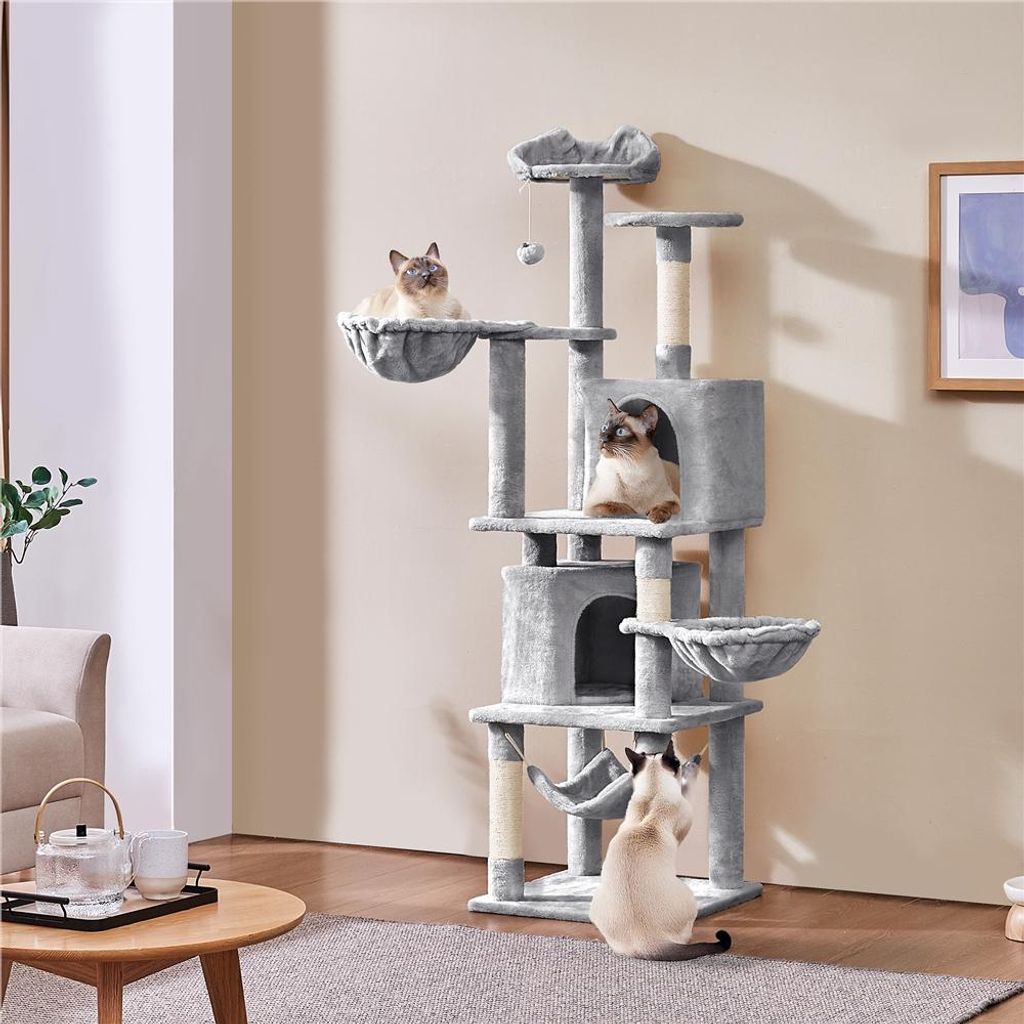 Yaheetech Kratzbaum 175 cm hoch, mit Sisal-Säulen, Plattformen, Korb, Hängematte, Plüschball, für 3-4 Katzen, Hellgrau