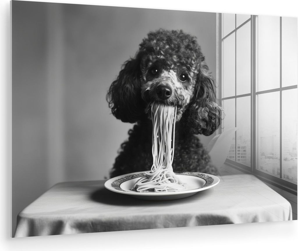 MuchoWow Glasbilder - Bilder auf Wandbild - Foto auf Glas Pudel - Hund - Schwarz - Weiß - Niedlich - Nudeln 30x20 cm Wanddekoration aus Glas - Acr...