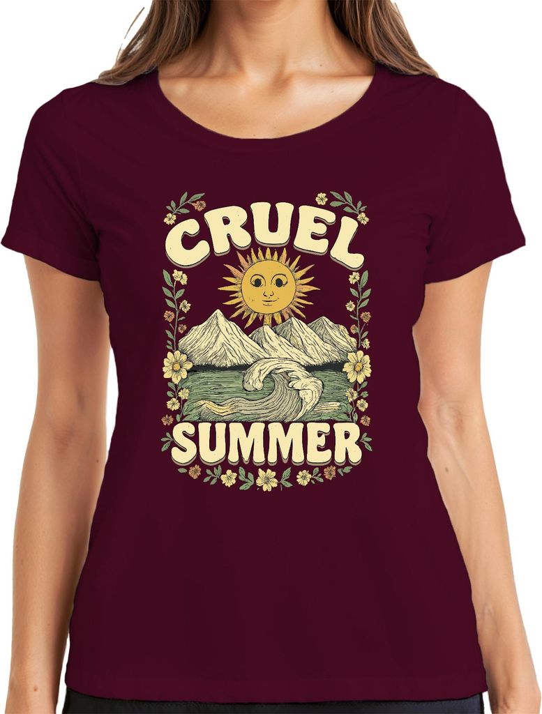 Cruel Summer Sonne Berge Welle Blumen Vintage Retro Boho Surfen Damen T-Shirt, Burgundy, XL