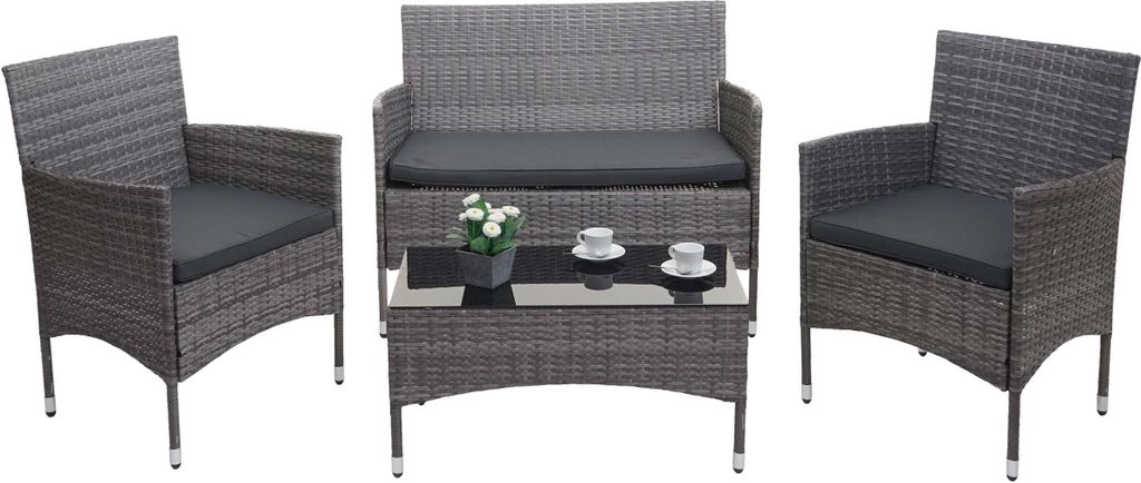 Poly-Rattan Garnitur HWC-F55, Balkon-/Garten-/Lounge-Set Sofa Sitzgruppe grau, Kissen dunkelgrau