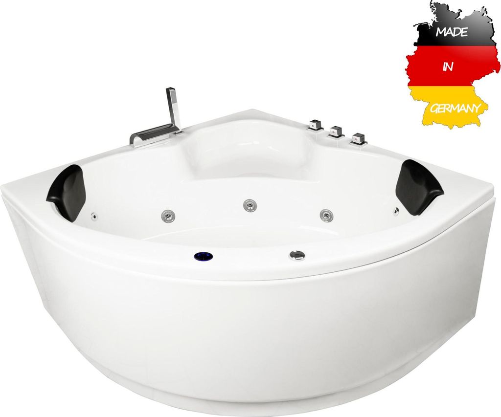 Basera BASIC Indoor Eck-Whirlpool Badewanne Maui 130 x 130 cm mit 13 Massagedüsen, Wasserfall, LED-Ambiente