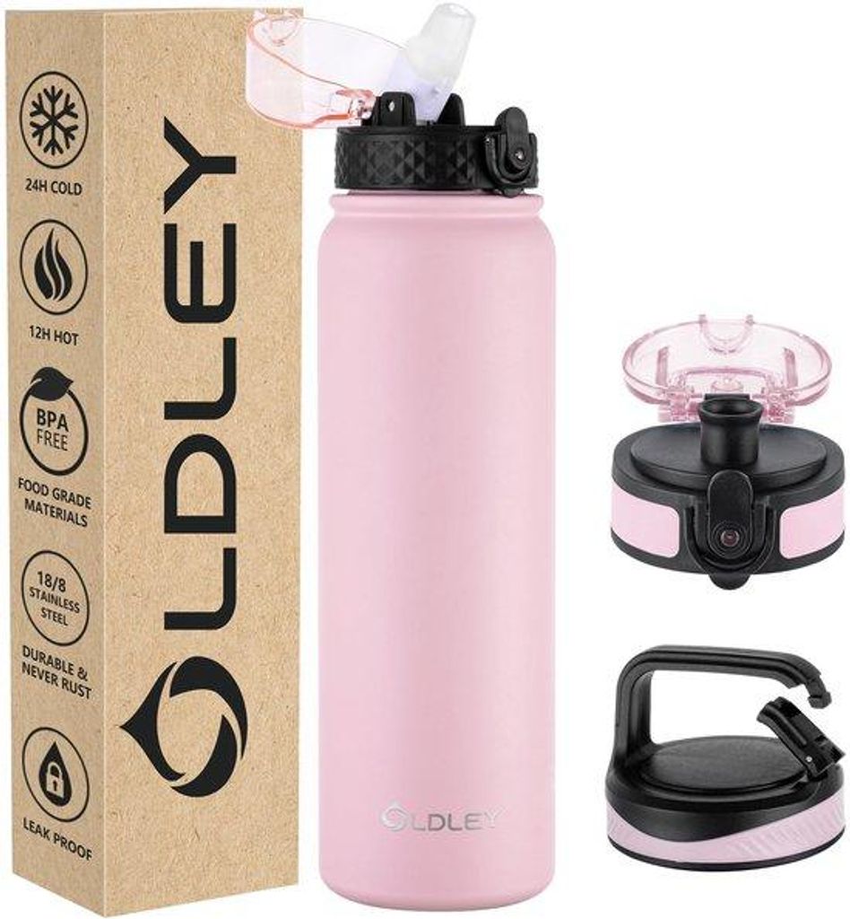 Isolierte 1L Trinkflasche mit Riet, 3 Deckeln, rosa, kälte- und warmhaltend
