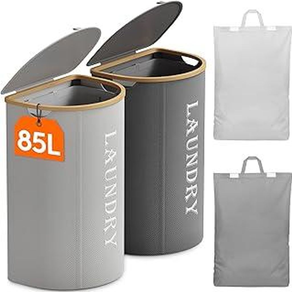 Lifewit 170L Wäschekorb mit Deckel, 2er Pack, Großer Wäschesammler mit 2 Fächern und 2 abnehmbaren Wäschesäcken, Faltbare Wäschekörbe für ...