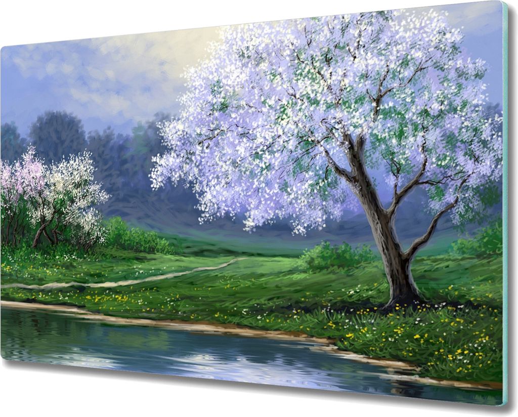 Coloray Herdabdeckplatte 80x52 cm Schneidebrett Kochplattenabdeckung Küchenbrett Hackbrett - See Baumblüten