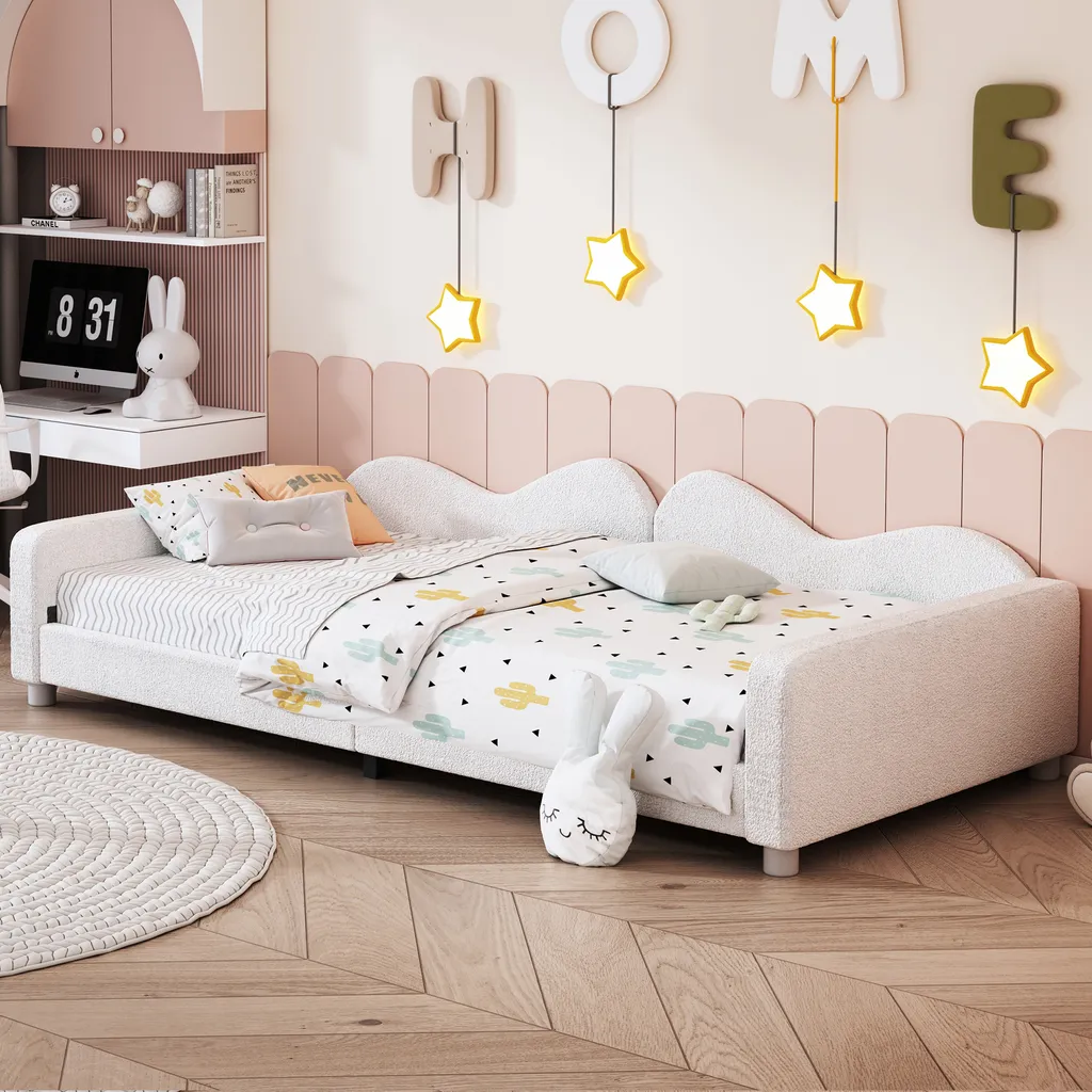 Merax Lit Rembourré 90x200 Blanc en Velours Teddy avec Sommier à Lattes
