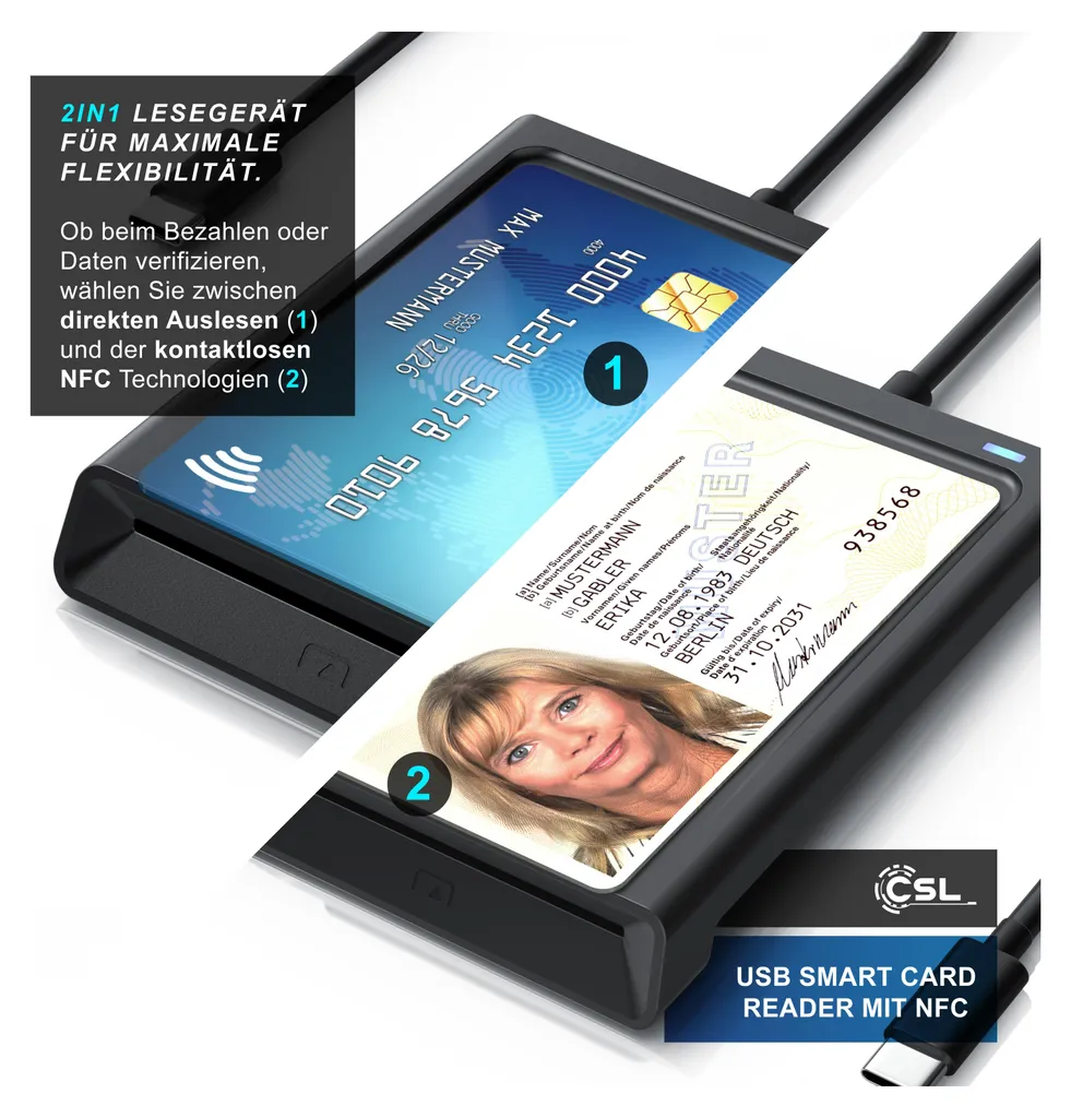 CSL Lettore USB-C 4-in-1: Smart Card, NFC, SIM e Memory Card Reader - 3